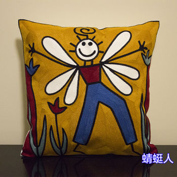 【協貿】時尚棉麻手工十字刺繡蜻蜓人方形抱枕含芯