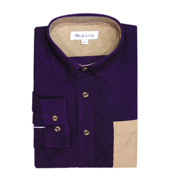 【MURANO】男款休閒撞色燈芯絨長袖襯衫 - 紫 / 卡其