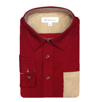 【MURANO】男款休閒撞色燈芯絨長袖襯衫 - 紅 / 卡其