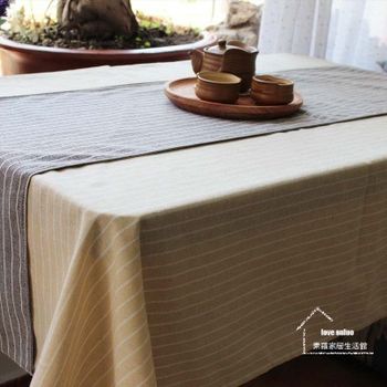 【協貿】時尚簡約百搭棉麻條紋米黃色桌布