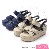 ☆Love Girl☆俏麗甜心圓頭繡線 大交叉厚底涼鞋