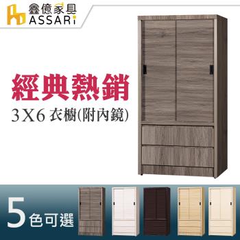 【ASSARI】3x6尺推門二抽一鏡衣櫃-附鏡(木芯板材質)