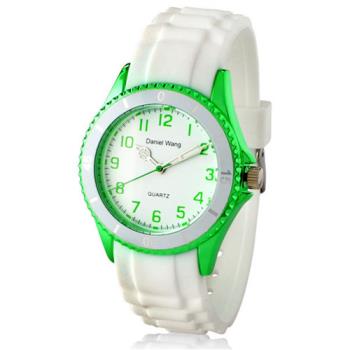 【Daniel Wang】炫光雙圈矽膠中性白色腕錶-青草綠