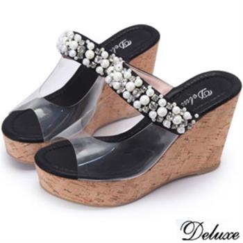 【Deluxe】閃耀黑水鑽珍珠厚底楔型涼鞋(黑)-GS1-1