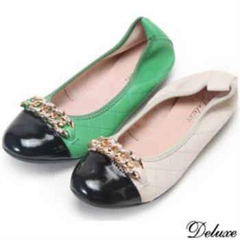 【Deluxe】全真皮質感金屬優雅平底鞋(綠、白)-1108-2