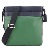 COACH 壓印LOGO雙色皮革扁斜背包(深藍/綠)