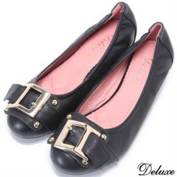 【Deluxe】全真皮造型大扣環舒適小增高包鞋(黑)-781-9A