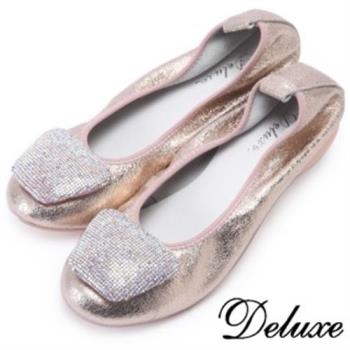【Deluxe】閃耀水鑽釦飾平底娃娃鞋(粉色)-009-100