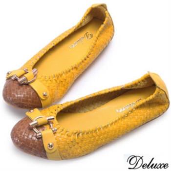 【Deluxe】全真皮編織質感金屬扣平底鞋(黃)-064-73