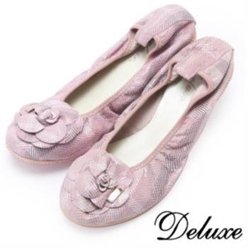 【Deluxe】全真皮薔薇花細線格紋平底鞋(粉)-20921-11A