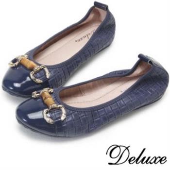 【Deluxe】編織感復古飾釦包頭平底鞋(深藍)-064c-41