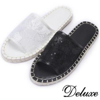 【Deluxe】蕾絲網紗草編涼拖鞋(白★黑)-A229-1