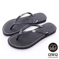 QWQ夾拖的創意(女) - 彩色素面 鞋面施華洛世奇鑽鍊夾腳拖鞋 - 爵士黑