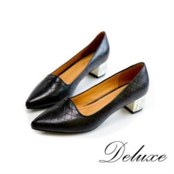 【Deluxe】千格紋水晶跟尖頭低跟鞋(黑)-13421-8A