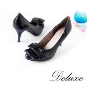 【Deluxe】簡約折疊結層次包頭高跟鞋(黑)-1062-D
