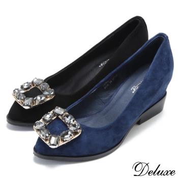 【Deluxe】全真皮銀灰水晶小尖頭楔型跟鞋(黑.藍)-M095-1