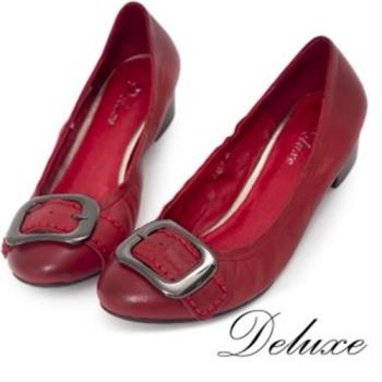 【Deluxe】全真皮皮帶頭可愛大扣飾包頭低跟鞋(紅)-288-5