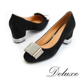 【Deluxe】奢華水鑽綴飾包頭粗跟鞋(黑)-1360-5