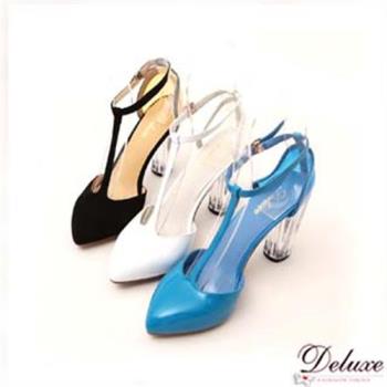 【Deluxe】T字繫帶透明粗跟小尖頭鞋(白/黑/藍)-193D-63B