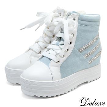 【Deluxe】閃亮經典三斜條高筒帆布鞋(白/藍)-A507