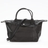 LONGCHAMP Le Pliage Cuir 小羊皮短把折疊小型水餃包(小/黑/附背帶)