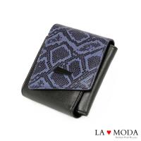 La Moda 經典質感~頭層真牛皮蛇紋壓紋薄型摺疊短夾
