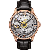 TISSOT T-Classic 羅馬精湛鏤空手動上鍊腕錶-玫瑰金框x咖啡色錶帶-42mm T0994053641800