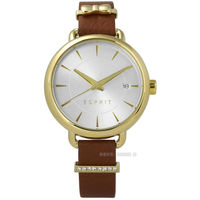 ESPRIT / ES109402002 / 晶鑽蝴蝶結巧思質感真皮手錶 銀x金框x咖啡 34mm