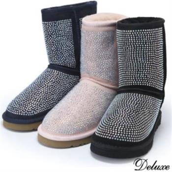 【Deluxe】綿羊皮滿版水鑽造型舒適毛短靴(黑★藍★粉)-5825