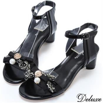 【Deluxe】全真皮歐系設計師浪漫珍珠蝴蝶結涼跟鞋(黑)-H7081-5