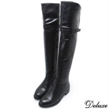 【Deluxe】細線帶可折兩穿式低跟長筒靴(黑色)-1316-62-21