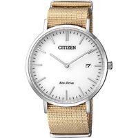 CITIZEN 星辰 Eco-Drive 光動能尼龍錶帶中性腕錶-白x淺卡其/38mm AU1080-20A