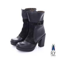 Fly London(女) 奧式優雅 雙料拼接牛皮高跟中筒靴-靚黑