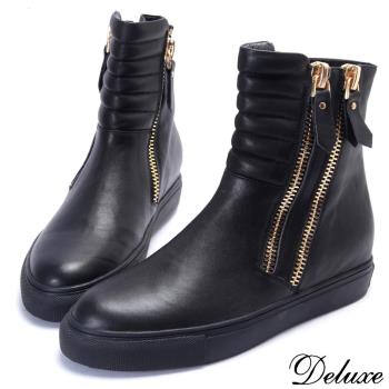 【Deluxe】全真皮個性街頭金屬雙拉鍊厚底短靴(黑)-F629-10