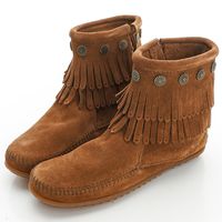 MINNETONKA 咖色純手工鉚釘二層流蘇短靴-693