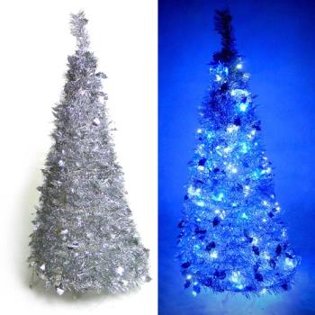 摩達客_4尺/4呎(120cm) 創意彈簧摺疊聖誕樹 (銀色系)+LED100燈串一條(9光色可選)(本島免運費)