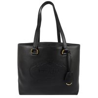 PRADA 1BG100 復古大LOGO烙印荔枝牛皮肩背托特包.黑