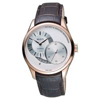 MIDO Belluna II Gent 時分偏心機械腕錶-銀x玫塊金框x咖啡/39mm M0244443603100