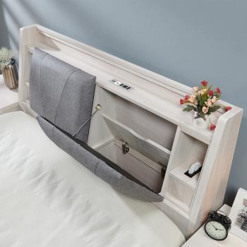 【AT HOME】維克6尺白木紋3秒USB雙人皮墊收納床頭箱