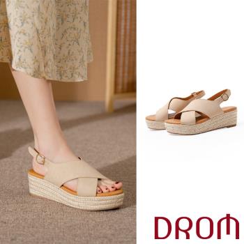 【DROM】涼鞋 厚底涼鞋/歐美時尚素面交叉草編坡跟厚底涼鞋 杏