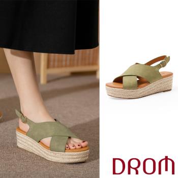 【DROM】涼鞋 厚底涼鞋/歐美時尚素面交叉草編坡跟厚底涼鞋 綠