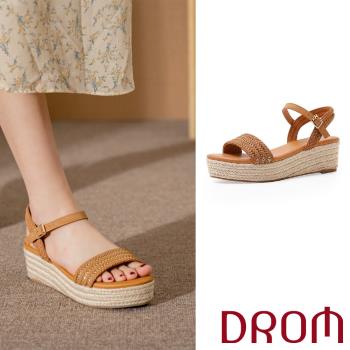 【DROM】涼鞋 厚底涼鞋/歐美時尚金鍊編織一字造型草編坡跟厚底涼鞋 棕
