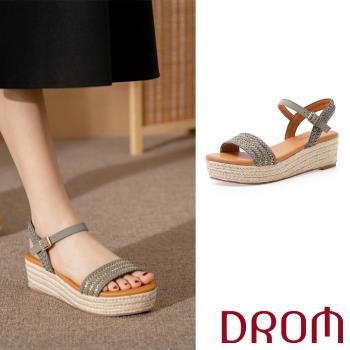 【DROM】涼鞋 厚底涼鞋/歐美時尚金鍊編織一字造型草編坡跟厚底涼鞋 灰