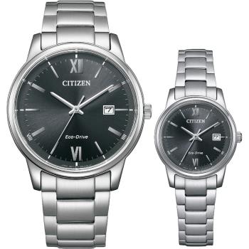 CITIZEN 星辰 光動能情侶手錶 對錶-銀x黑 BM6978-77E+EW2318-73E