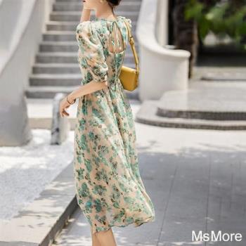 預購【MsMore】輕盈有夏日氛圍青綠圓領五分泡泡短袖連身裙長版洋裝#116836(綠色)