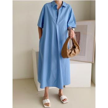 預購【ACheter】韓式純色寬鬆顯瘦半系扣翻領棉襯衫長連身裙五分短袖洋裝#116650(3色)