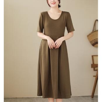 預購【ACheter】韓版時尚氣質顯瘦A字長裙短袖圓領連身裙洋裝#116864(3色)