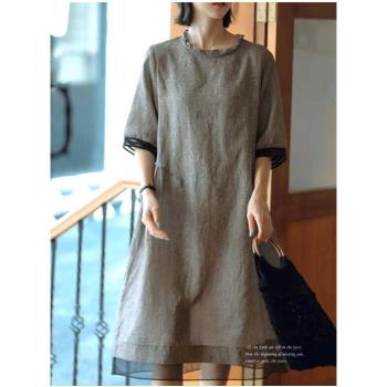 預購 【ACheter】韓式文藝千鳥格棉麻連身裙寬鬆顯瘦圓領七分袖A字長版洋裝#116757(格子)