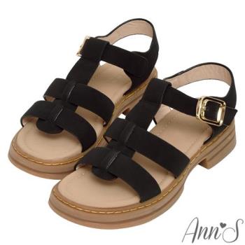 Ann’S雲端步履-復古寬帶厚底圓頭涼鞋4cm -黑