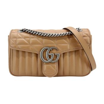 Gucci Marmont 絎縫仿舊銀雙G皮革斜背/肩背包-26cm(443497-奶茶色)